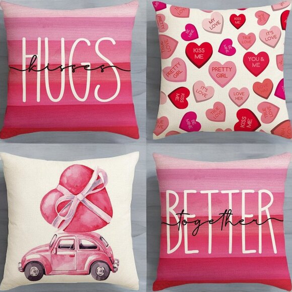 Decorative Pillow Covers Valentines Day Decor Heart Accent Throw Cases 4pc Set - Picture 1 of 6